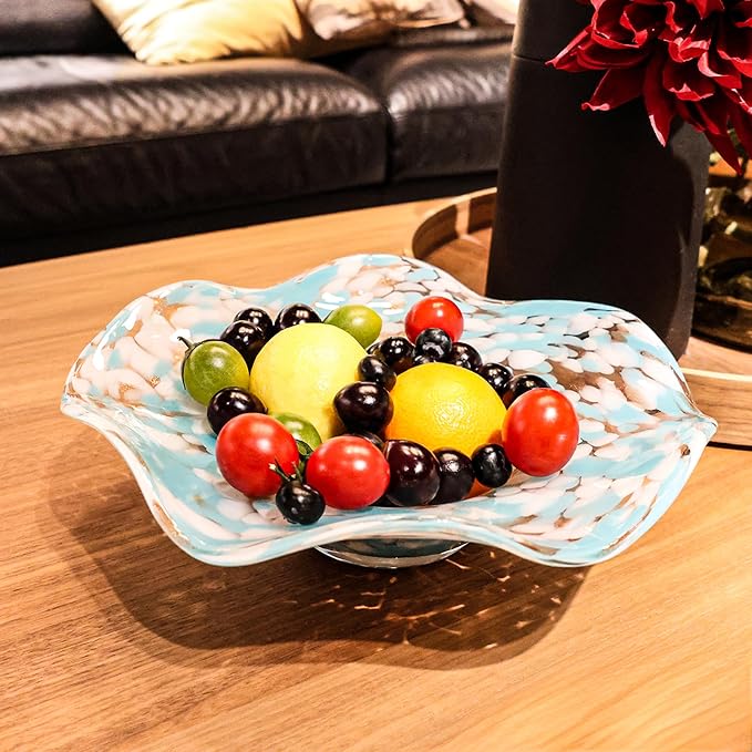 Hand Blown Murano-style Art Glass Bowl, 10.2-Inch Large Decorative Centerpiece for Table, Cobalt Blue Fruit Display & Kitchen Counter Decor