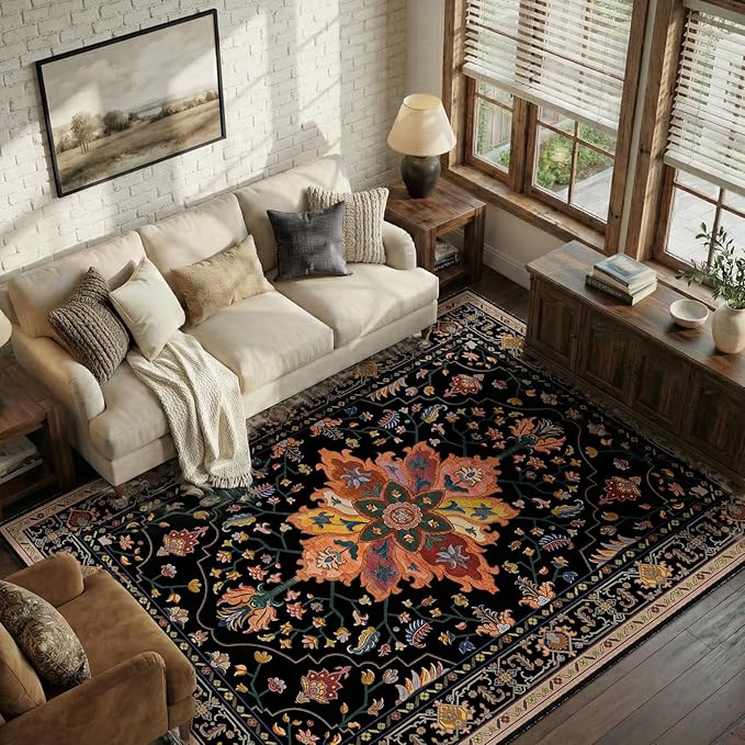RELEANY Area Rugs 5'x8' Washable Non-Slip, Floral Vintage Distress Print Pattern Medallion Carpet for Living Room Bedroom Dining Room, Black Colorful Floral Dark Tan