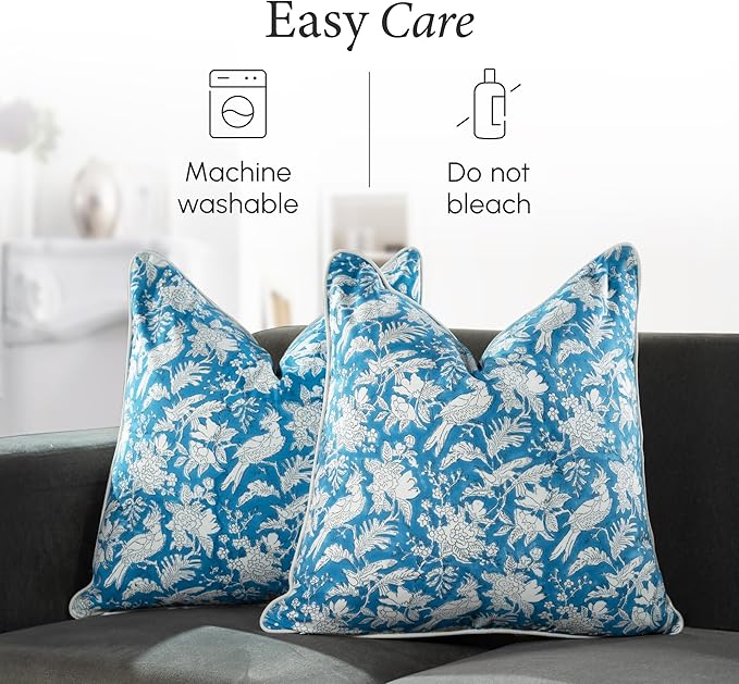 CPC 100% Cotton Throw Pillow Covers 18x18 Inch, Set of 2 Blue Block Print Pattern Couch Pillow, Cute Boho Decorative Pillows for Living Room, Bedroom with Hidden Zipper- Blue Sapphire