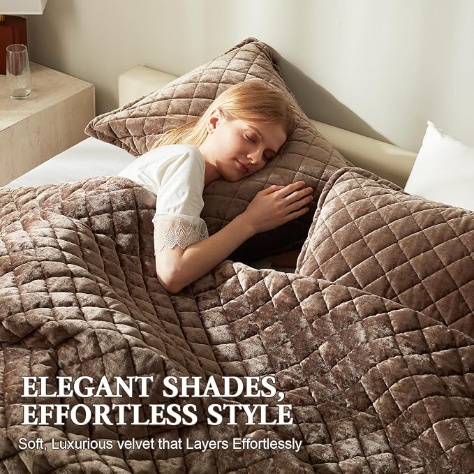 Cosybay Luxury Velvet Quilt Set Queen, Lightweight Oversized Bedspread Coverlet Quilted Box Stitch Bedding Set, with 2 Matching Pillow Shams, for All Season, Mocha Brown