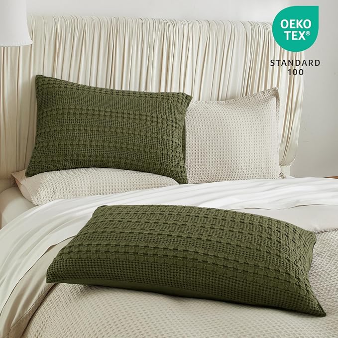 PHF 100% Cotton Waffle Pillow Shams Standard Size, 2 Pack 20" x 26" Soft Skin-Friendly Pillowcases, No Filling, Aesthetic Woven and Breathable Waffle Weave Pillow Case Covers for Bed, Capulet Olive