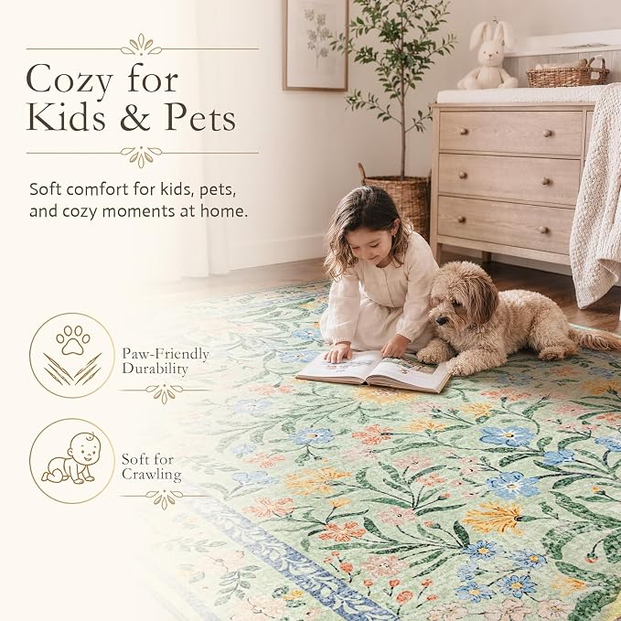 Wonnitar Washable Round Area Rug, 5ft Green Floral Round Rug Boho Soft Circle Carpet, Non Slip Low Pile Circle Accent Carpets for Kitchen Living Room Entryway Bedroom