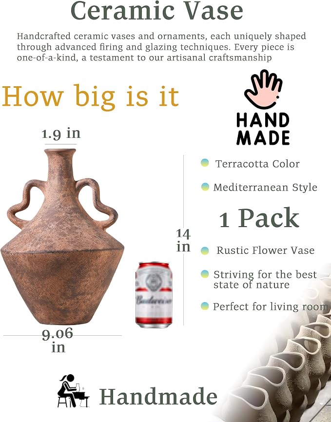 UPWOIGH 14x9.06in Vintage Ceramic Vase with Handles | Antique Terracotta Finish, Distressed Brown Tone, Black Markings, Rustic Farmhouse Décor, Gift Ready