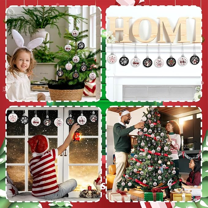 HyDren 40 Pcs Mini Christmas Tree Ornaments Black White Snowman Christmas Decoration 1.2 Inch Mini Hanging Xmas Ball Ornaments for Xmas Holiday Wedding Decorations