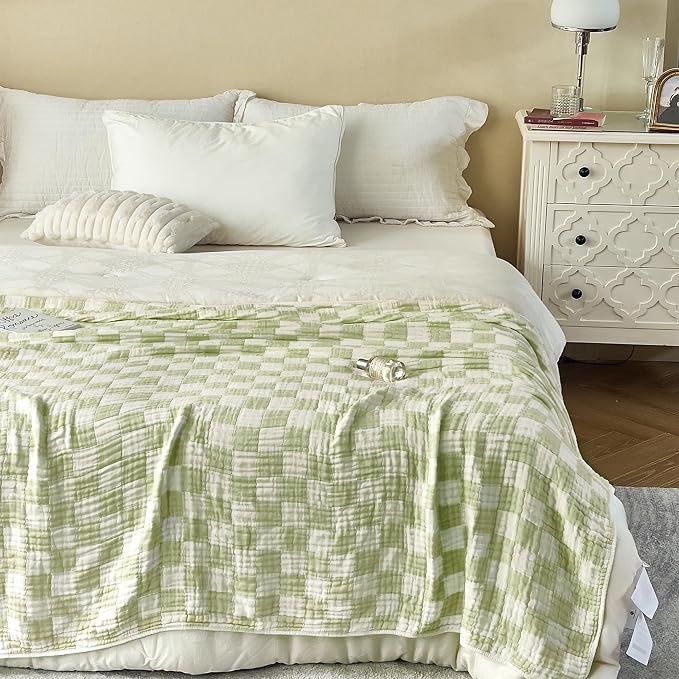 NIDITW Checkerboard Cotton Muslin Throw Blanket for Couch 6-Layer Checkered Gauze Blanket Soft Breathable All Season for Couch Bed Sofa (Matcha Green, King)