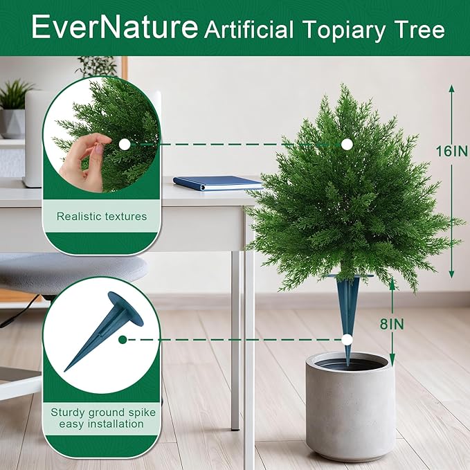 2Pack Artificial Cedar Topiary Ball Trees,16'' UV Resistant Fake Evergreen Shrubs Bushes Plants with Ground Spike Fake Plants for Outdoor Indoor Front Porch Garden