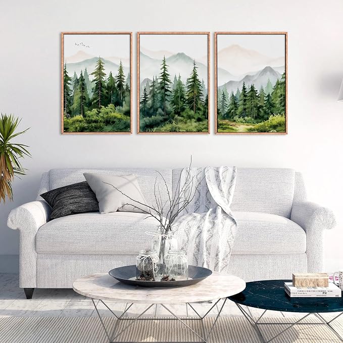 Green Forest Tree Mountain Range Framed Canvas Wall Art, Watercolor Nature Wall Decor, Woodland Nursery Wall Painting, Modern Wilderness Art Print for Living Room, Bedroom, Office-16''x24''x3