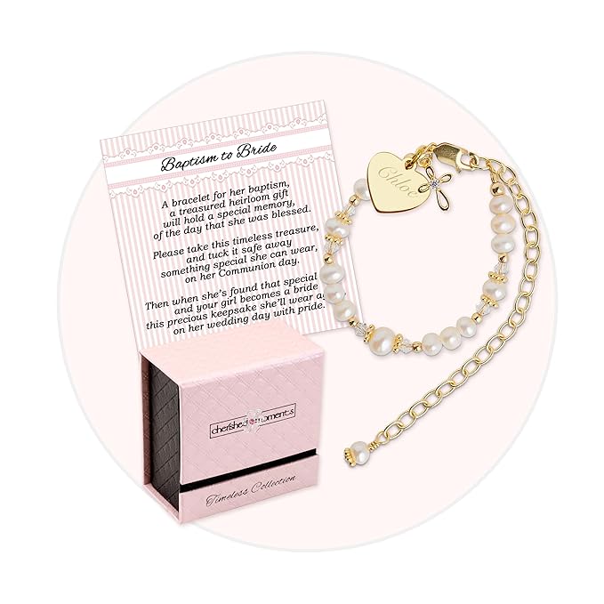 Cherished Moments 14K Gold-Plated Personalized Baptism to Bride Cross Bracelet Gift for Infant Girls with Engraved Heart and Cultured Pearls or Baby Christening