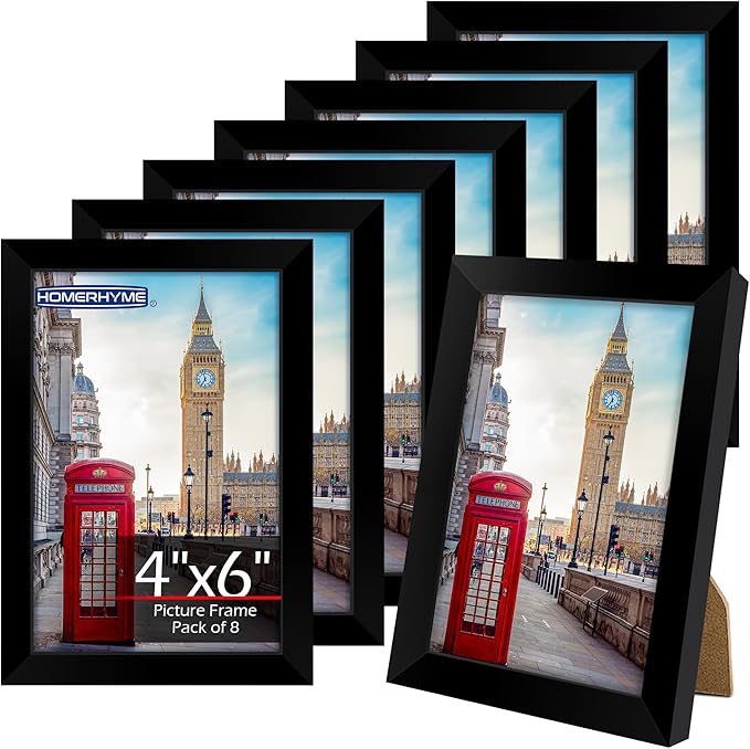 4x6 Picture Frame Set 8 Pack, 4 by 6 Black Photo Frame for Wall or Tabletop Display, Lightweight Poster Frame with Plexiglass, Horizontal or Vertical for Graduation Office Wall Home Decor