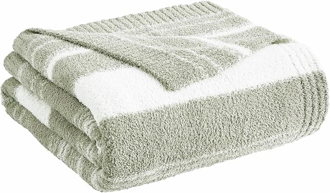 WRENSONGE Soft Twin Blanket for Bed-Cozy Warm Reversible Knitted Blankets | Lightweight Fluffy Decor for Women, Mom, Her & Girls, Sofa, Chair, Couch, 60x80in,Sage Green Stripe