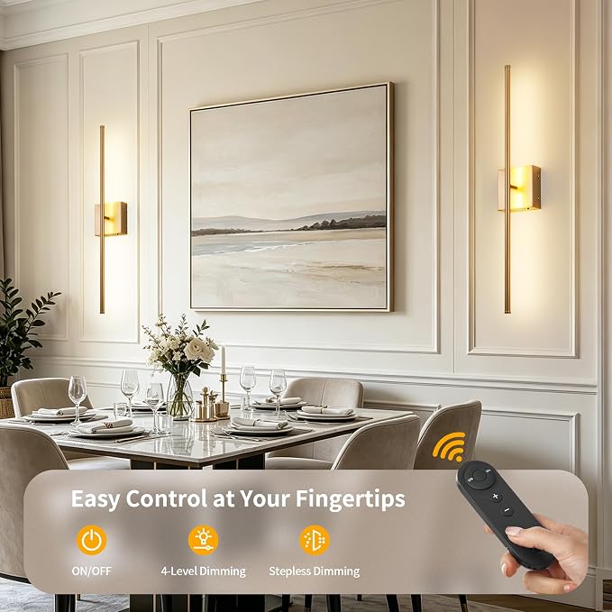 KARTOOSH 28.3 Inch Wall Sconces Battery Operated for Living Room Gold | Rechargeable Wireless Wall Lamp Set of 2, 3000K Warm White Dimmable Wall Light Remote Control Indoor Lighting for Bedroom