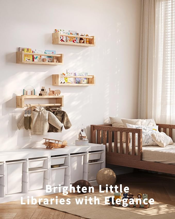 Seocry Nursery Book Shelves, 4 Pack, Wall Book Shelves for Kids Room, Baby, Toddler, Nursery Decor (Wood, 16.5 Inches)