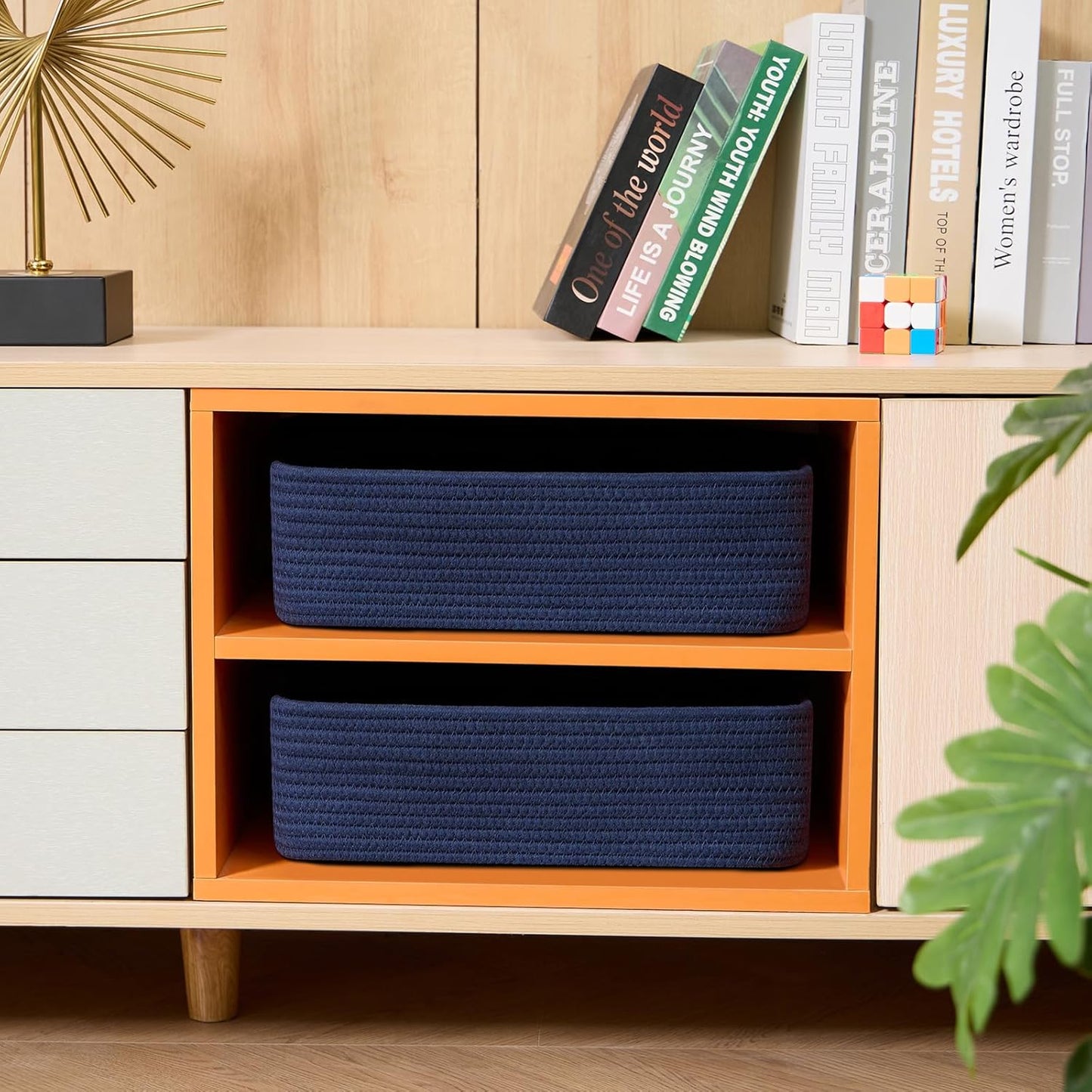Large Shallow Organizing Baskets 15x11x5.1 Inches - Rope Woven Storage Bins for Bathroom, Shelves, Cube Closet, Navy Blue 2 Packs