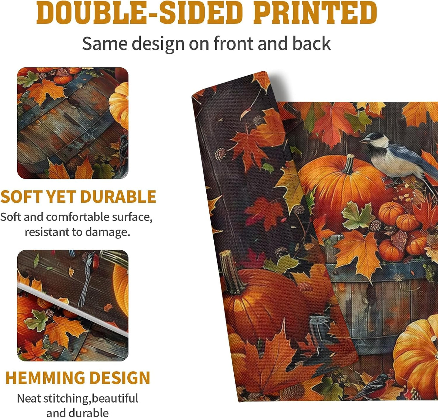 Pumpkin Maple Leaf Bird Fall Placemats Set of 4 Autumn Thanksgiving Seasonal Holiday Harvest Linen Table Mats Orange Brown Washable Place Mats for Party Kitchen Dining Outdoor Indoor Decor