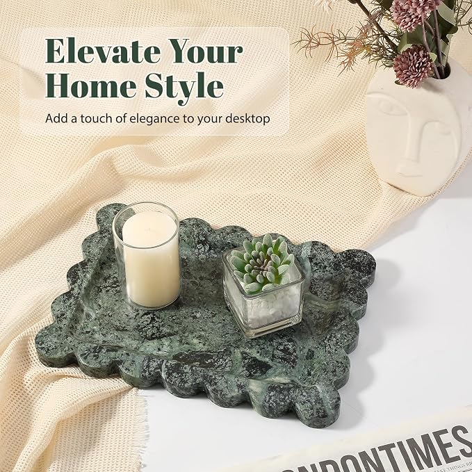 Koville Scalloped Marble Tray, 11"x8" Marble Vanity Tray for Countertop Bathroom Kitchen Dresser, Natural Stone Tray for Jewelry Perfume Home Decor, Decorative Catchall Trays(Green)
