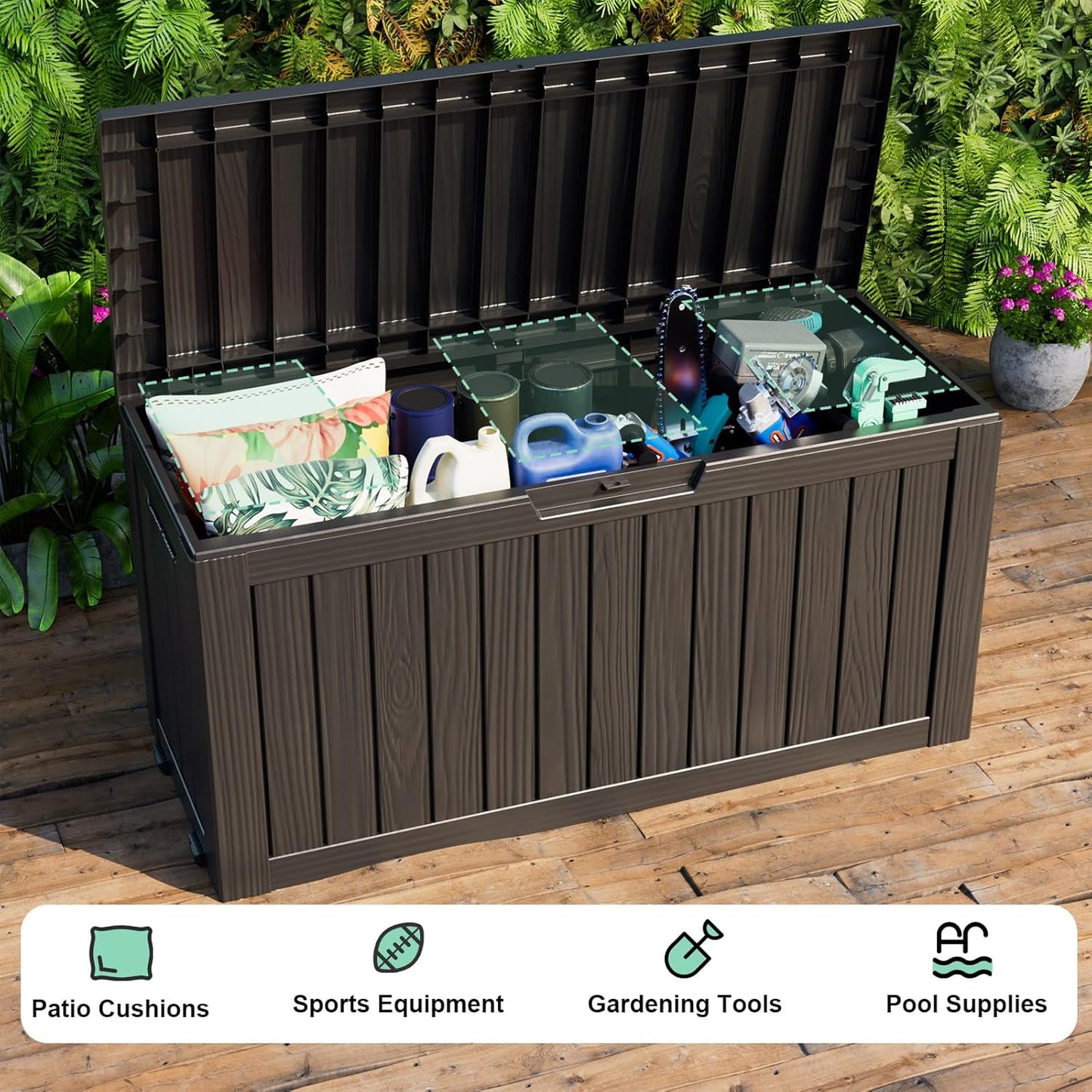 Vixzen 75 Gallon Resin Deck Box, Lockable Outdoor Storage Box for Patio Cushions Storage Furniture,Garden Tools, Pool Supplies, Weatherproof and UV Resistant- Black