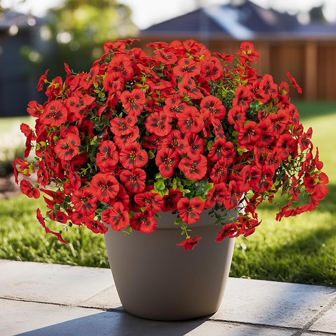 24 Pcs Artificial Fake Pansy Flowers for Outdoor,Faux Silk Plants Flowers UV Resistant Pansies Spring Flowers for Planter Front Door Porch Yard Patio Garden Window Box Home Decor(Red)