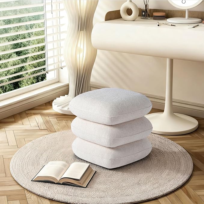 Get Set Style 360° Swivel Linen Ottoman, Modern Upholstered Foot Stool, Multifunctional Vanity Chair Accent Stool for Small Space, Living Room, Bedroom, Entryway, Warm Ivory