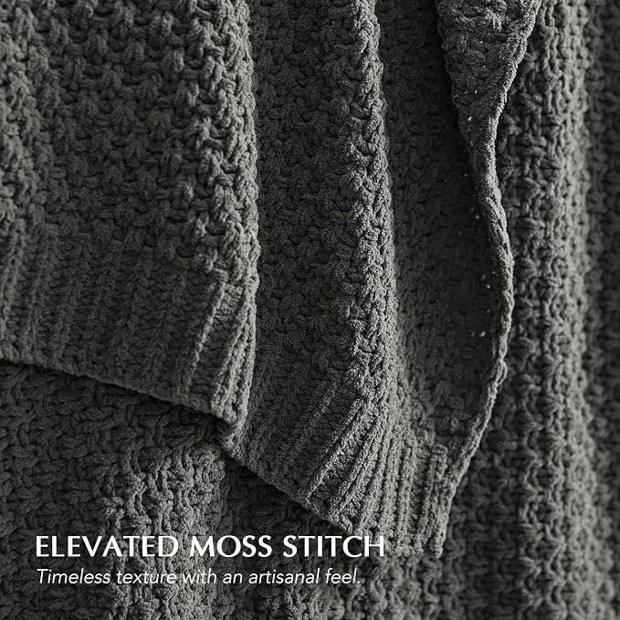 EVERGRACEHOME Chunky Chenille Knit Throw Blanket for Couch, Soft Luxurious Oversized Queen Moss Stitch Blanket for Bed, Cozy Farmhouse Knitted Throw for Sofa, Charcoal Gray, 90" x 90"