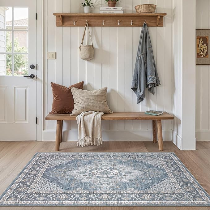 Tortania Area Rug Living Room Rugs - 3x5 Washable Rug Vintage Oriental Distressed Farmhouse Small Thin Indoor Carpet for Living Room Bedroom Under Dining Table Home Office - Blue