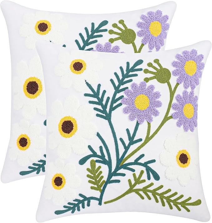 Spring Floral Pillow Covers 18x18 Inch Set of 2 Cotton Embroidery Farmhouse Throw Pillow Cover Outdoor Garden Cushion Case Summer Decorations for Home (Purple and White Flower,18"x18")