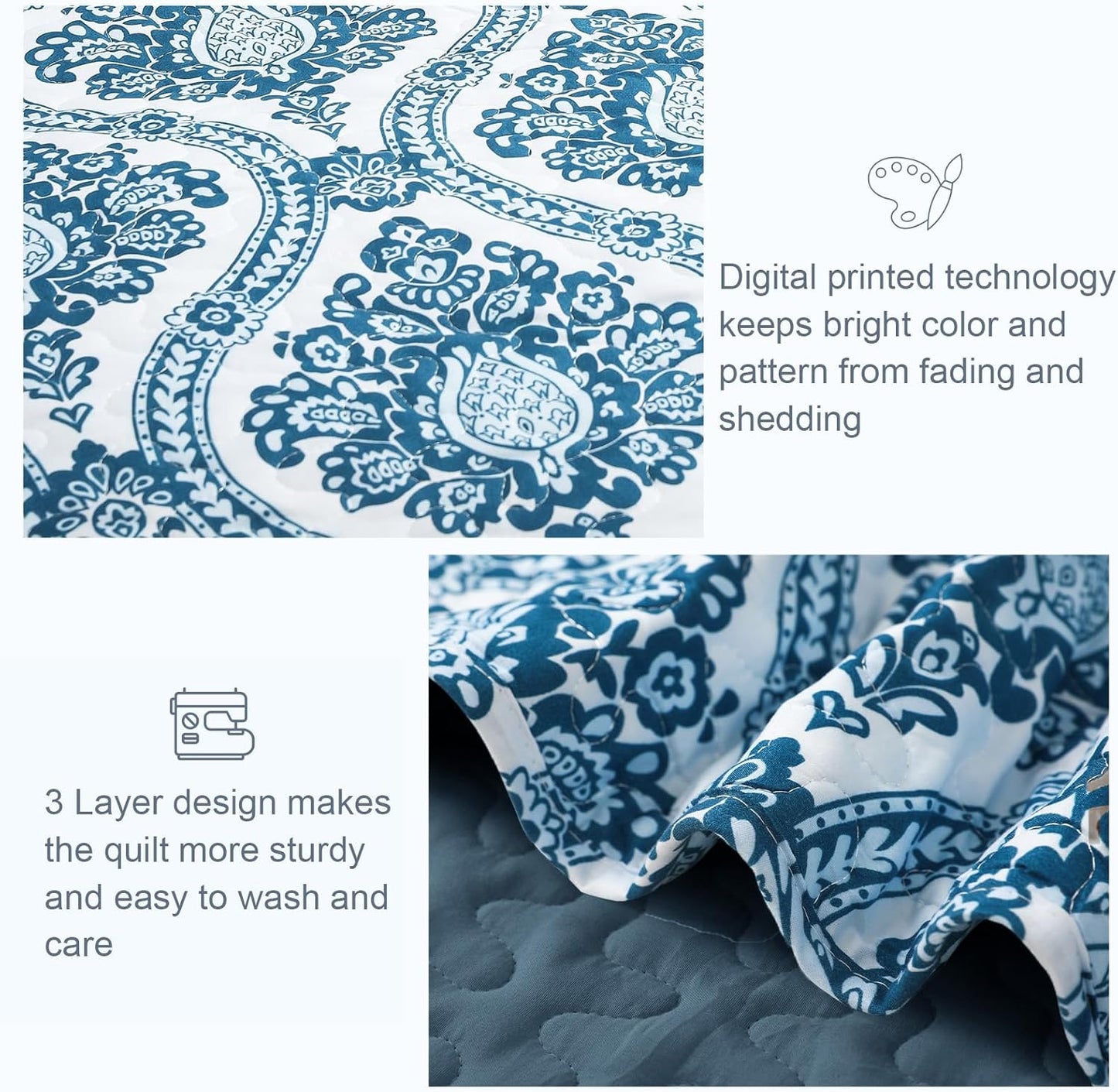 Exclusivo Mezcla Reversible Boho Quilt Set Queen Size, 3 Pieces Damask Blue All Season Bedspreads, Ultra Soft Floral Coverlet Bedding Set with Printed Pattern (1 Quilt, 2 Pillow Shams)