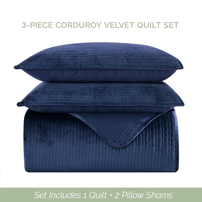 Elegant Comfort Luxury 3-Piece Velvet Corduroy Stripe Quilt Set, Ultra Soft Bedspread - Cozy Velvet Coverlet Set - 3PC Medium Weight Quilted Set with Matching Pillow Shams, California King, Navy Blue