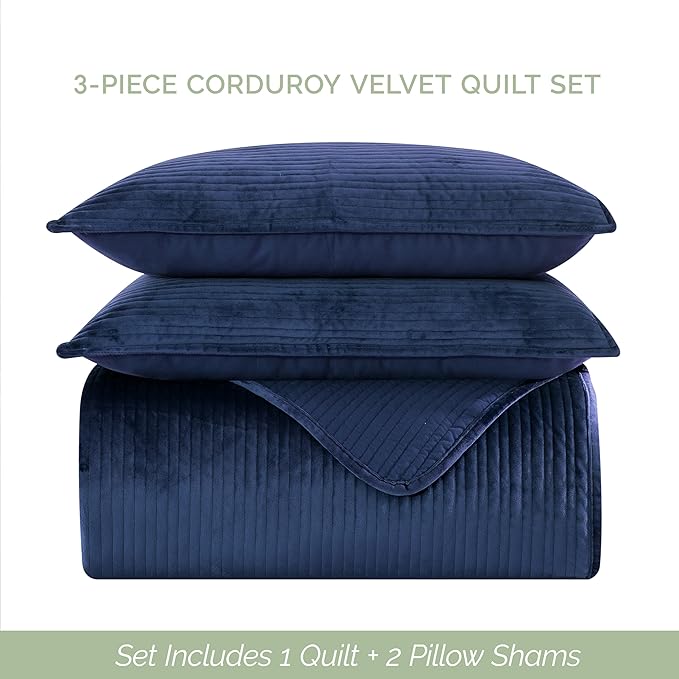 Elegant Comfort Luxury 3-Piece Velvet Corduroy Stripe Quilt Set, Ultra Soft Bedspread - Cozy Velvet Coverlet Set - 3PC Medium Weight Quilted Set with Matching Pillow Shams, Twin, Navy Blue