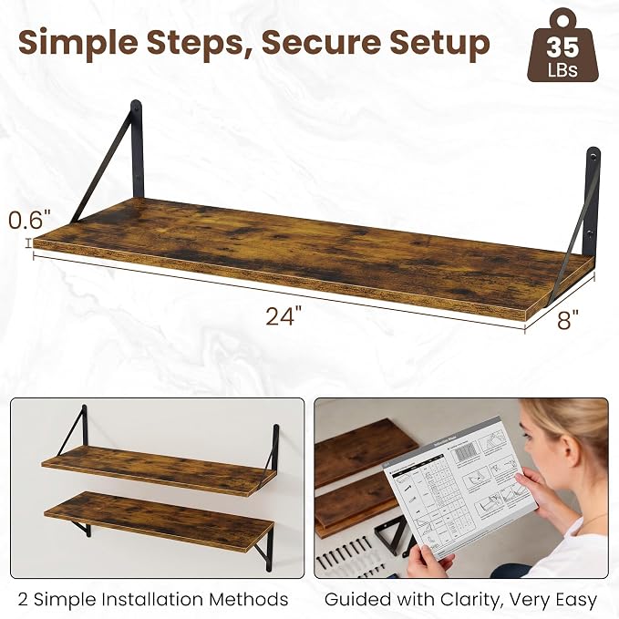Vivelove Deep Floating Shelves for Wall, 24W x 8D Wood Wall Shelves Set of 2, Wide Floating Bookshelf for Living Room, Kitchen, Office, Bedroom and Decor Storage, with Metal Bracket - Rustic Brown