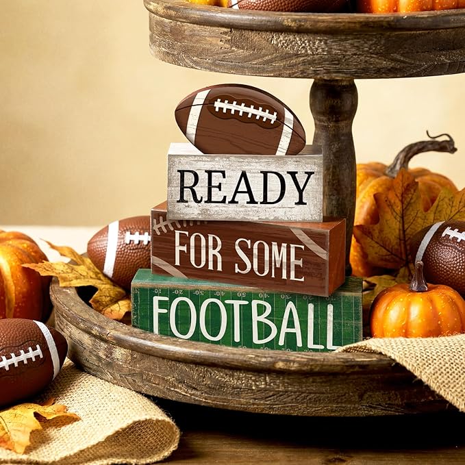 Yuntau 4pcs Football Christmas Table Decoration Happy Football Wooden Block Sign Rugby Tiered Tray Decor Centerpiece Decorative Faux Book Stack for Holiday Tabletop Fireplace Shelf Desk Party Decor