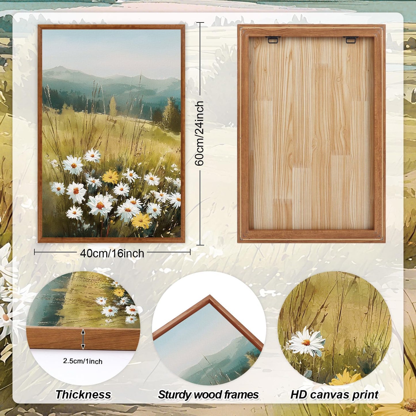 KAIRNE Field Canvas Wall Art,Vintage Landscape Wall Decor,Wildflower Prints Set of 3(16”X24”),Nature Botanical Floral Posters,Rustic Paintings for Kitchen Living Room Bedroom Farmhouse Decor,Framed