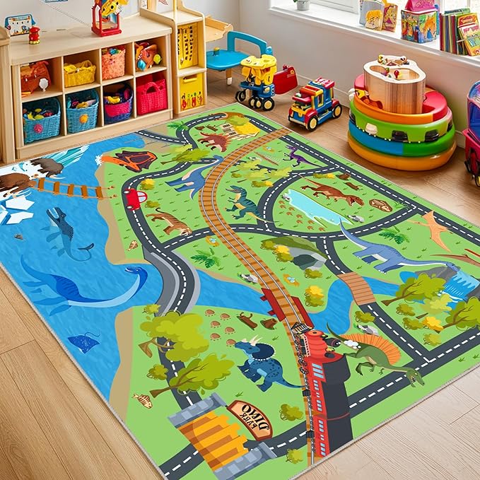 Kids Rugs for Playroom - Soft & Non-Slip 8x10 Feet Dinosaur Play Mat,Childrens Dinosaurs Carpet Washable Rug for Classroom Nursery Bedroom Boys