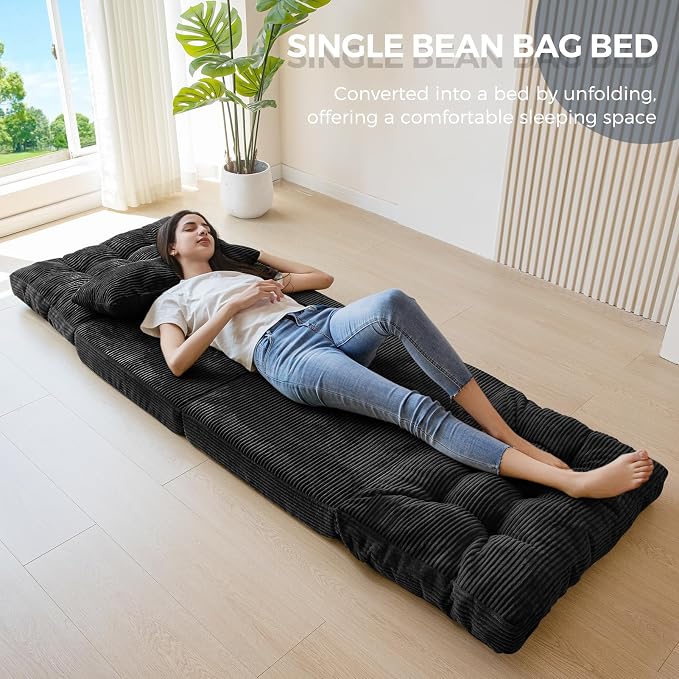 MAXYOYO Folding Sofa Bed, Tufted Bean Bag Bed with Pillows Floor Couch for Adults, Extra Thick and Long Floor Sofa, Single Couch for Bedroom Living Room, Black, 30x91 Inch