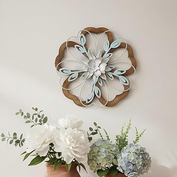Remenna Metal Flowers Wall Decor, Rustic Floral Art, White & Blue, Farmhouse Hanging Decoration for Living Room, Bathroom, Garden