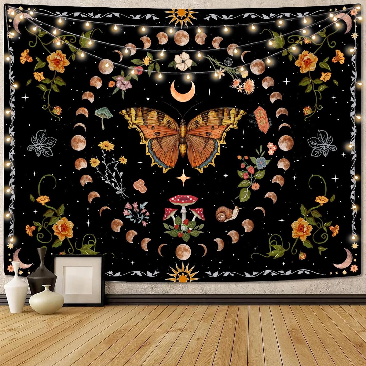 Aipon Orange Butterfly Moon Flower Tapestry Botanical Floral Plant Boho Tapestry for Bedroom Aesthetic Vintage Tapestries Wall Hanging for Living Room Dorm (60.00'' × 80.00'', Orange)