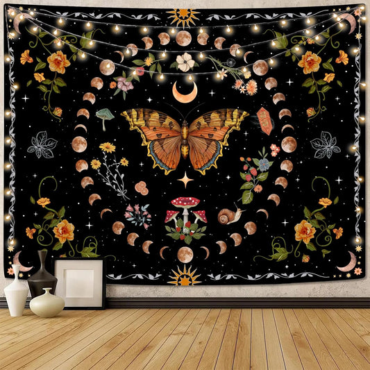 Aipon Orange Butterfly Moon Flower Tapestry Botanical Floral Plant Boho Tapestry for Bedroom Aesthetic Vintage Tapestries Wall Hanging for Living Room Dorm (60.00'' × 80.00'', Orange)