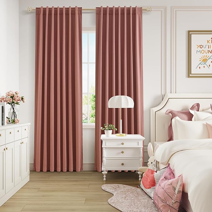 Guken 100% Blackout Curtains 90 Inch Length 2 Panels Set for Girls Bedroom Back Tab Thermal Insulated Black Out Linen Drapes Room Darkening Window Curtains 90 Inches Long,Dusty Rose