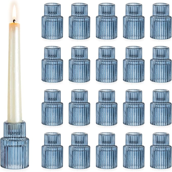 Hewory Glass Candlestick Candle Holder: 20PCS Blue Glass Taper Candle Holders for Table Centerpiece, Vintage Tapered Candlestick Holders for Christmas Centerpiece Wedding Party Holiday Home Decor