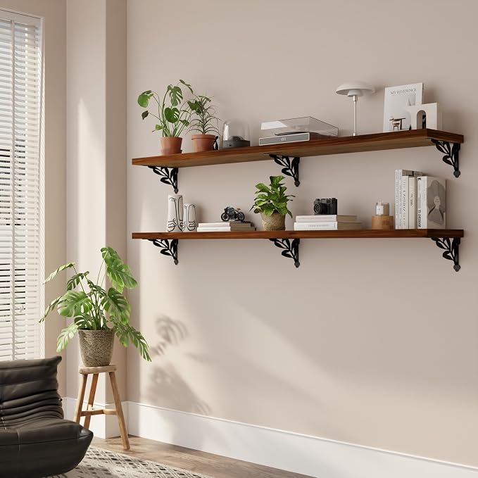 60 Inch 2 Tier Solid Wood Floating Shelves for Wall with Metal Brackets | 60 inch solid pine shelves, 2 tier, walnut finish, metal brackets for books, decor and home storage