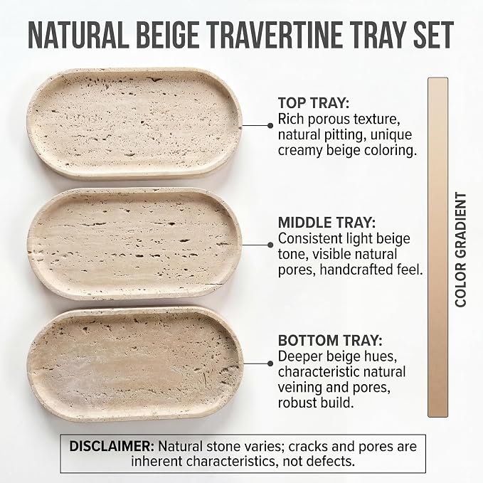 YKAJO Natural Travertine Beige Oval Marble Tray, 11.8x5.9 Vanity Organizer | Honed natural stone; jewelry & trinket dish, ring & key holder, soap & candle catchall; bath counter, dresser, coffee table