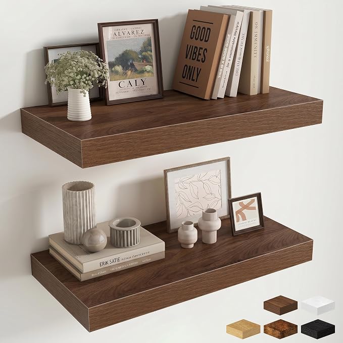 Fun Memories 24 Inch Floating Shelves Wall-Mounted, 12 Inch Deep Wall Shelves, 24 x 12 Floating Shelf, Deep Storage Shelf for Living Room Bathroom Bedroom, Walnut, Set of 2