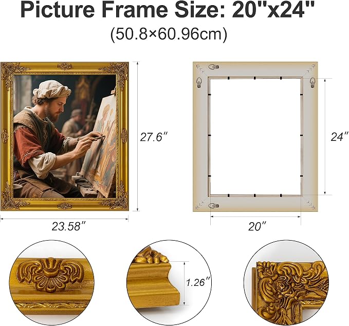 ArtXO Gold 20x24 Picture Frames: Wooden Wall Frames for 20 by 24 Photo Display, Vintage Picture Frames, Ornate Photo Frames 24x20 without Glass and Back