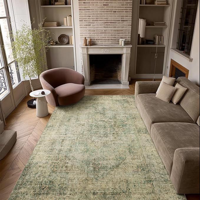 Machine Washable Rugs for Living Room: 5x7 Area Rugs for Bedroom Ultra Soft Non-Slip Low Pile Vintage Distress Boho Large Carpet for High-Traffic Dining Room - Farmhouse Decor