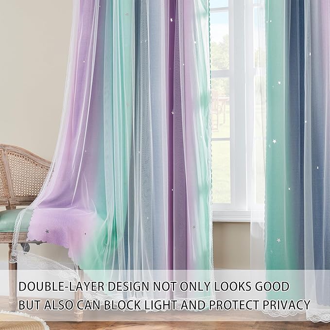 XiDi Purple Grey Green Curtains for Girls Bedroom 2 Panels Set, Rainbow Blackout Curtains for Kids Room Decor, Unicorn Wall Decals Grommet Drapes for Nursery Room 63 Inches Long 34 Inches Wide