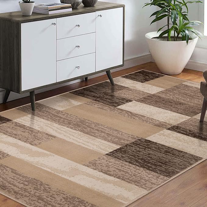 Superior Indoor Area Rug, Jute Backed, Modern Geometric Patchwork Floor Decor for Bedroom, Office, Living Room, Entryway, Hardwood Floors, Rockwood Collection, 5' x 8', Beige