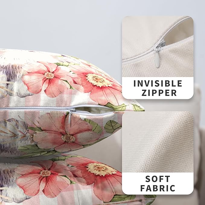 Easter Bunny Pillow Covers 20x20 Set of 2 Spring Floral Decorative Pillowcase Cute Rabbit Cotton Linen Cushion Case Pink Plaid Throw Pillow Covers for Sofa Patio Outdoor
