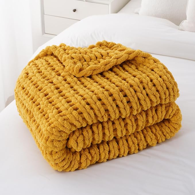 Battilo Mustard Yellow Chunky Knit Throw Blanket, Soft and Thick Chenille Throw Blanket, 50"x60" Handmade Cable Knit Crochet Blanket, Rope Knot Knitted Fall Throw Blankets for Couch Home Decor