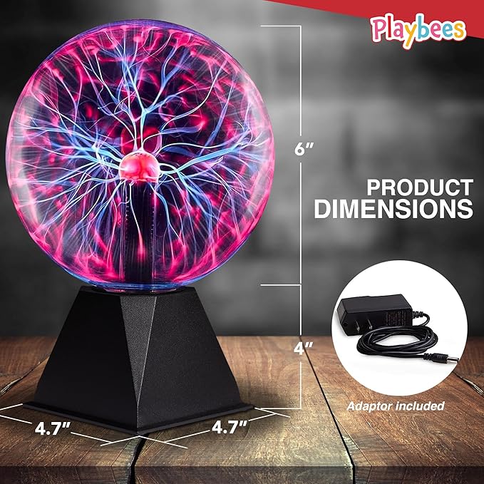 Playbees Red Plasma Ball - 7 Inch - Tesla Coil Bulb Static Electricity in a Vacuum Pressurized Glass Globe, Nebula Thunder Lightning, Plug-in - for Parties, Decorations, Prop, STEM