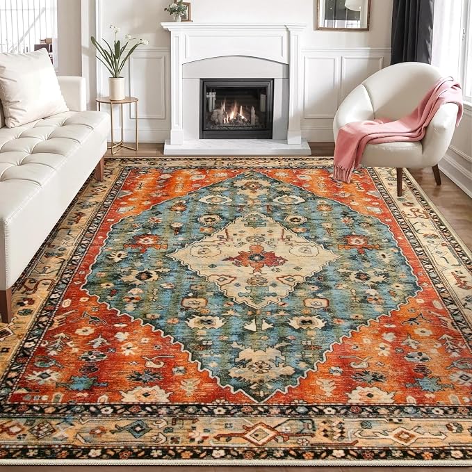 SERISSA Boho Tribal 8x10 Area Rugs, Washable Vintage Large Living Room Rug Non-Slip, Ultra Soft Oriental Print Distressed Farmhouse Carpet for Dining Room Bedroom Dorm Office Home Decor