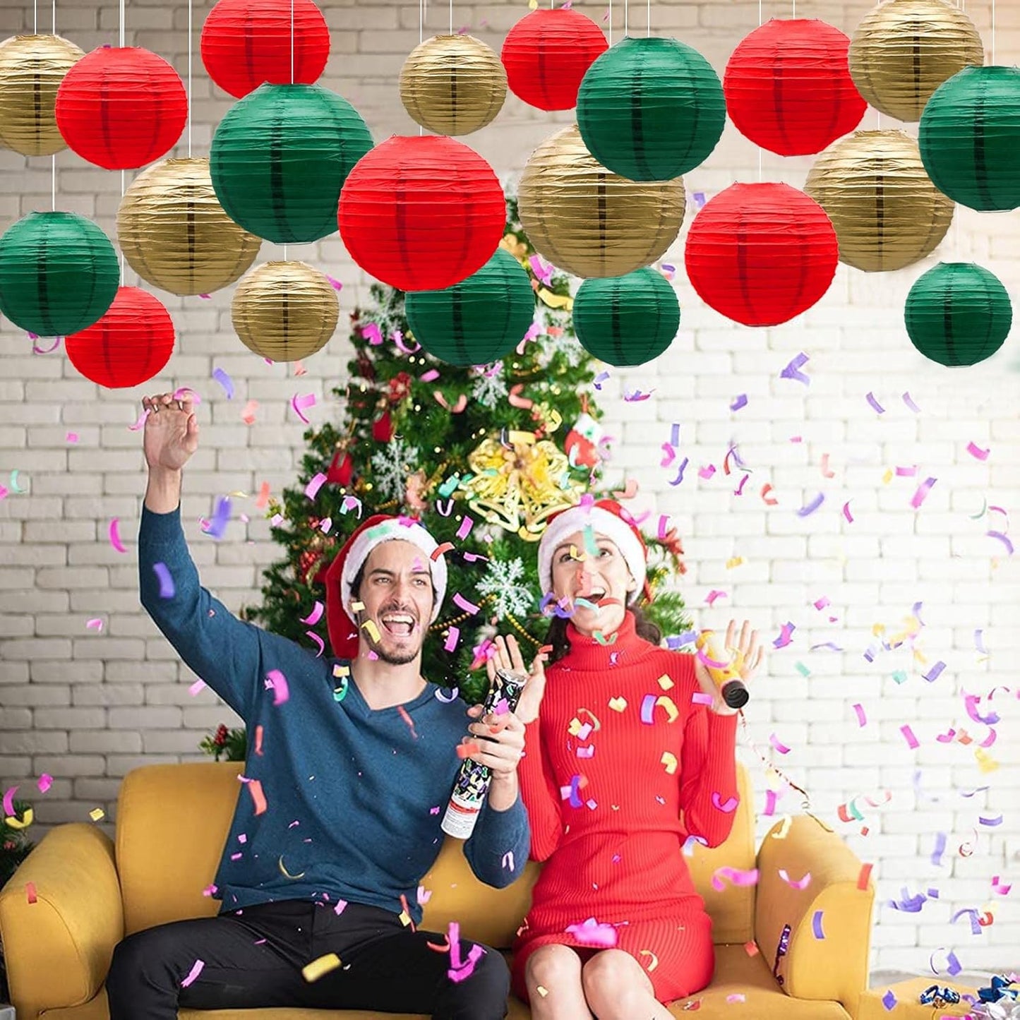 ADLKGG Paper Lanterns Decorative, Round Hanging Lantern for Italian Party Mexico Party Graduation Christmas Anniversary Birthday Decorations Green/Red/Gold 21pcs